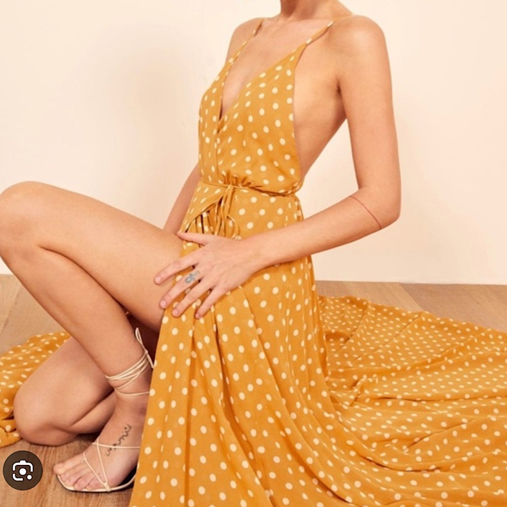 Reformation Butterscotch Callalily Polka Dot Wrap Maxi Sundress